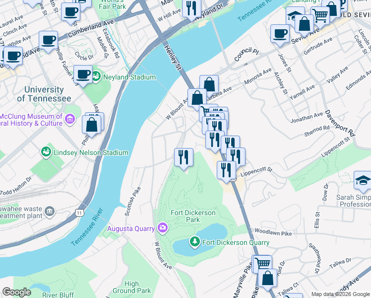 map of restaurants, bars, coffee shops, grocery stores, and more near 508 Augusta Avenue in Knoxville