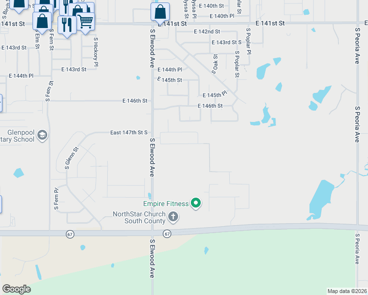 map of restaurants, bars, coffee shops, grocery stores, and more near 1104 East 148th Street in Glenpool