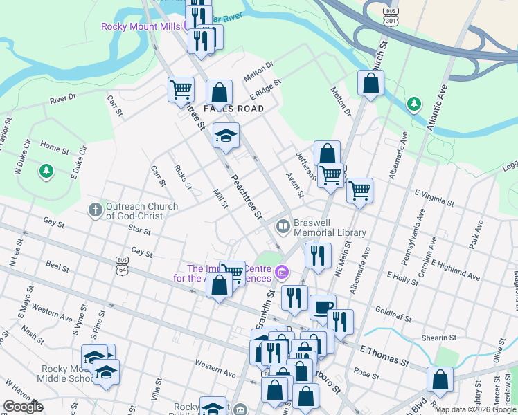 map of restaurants, bars, coffee shops, grocery stores, and more near 521 Peachtree Street in Rocky Mount