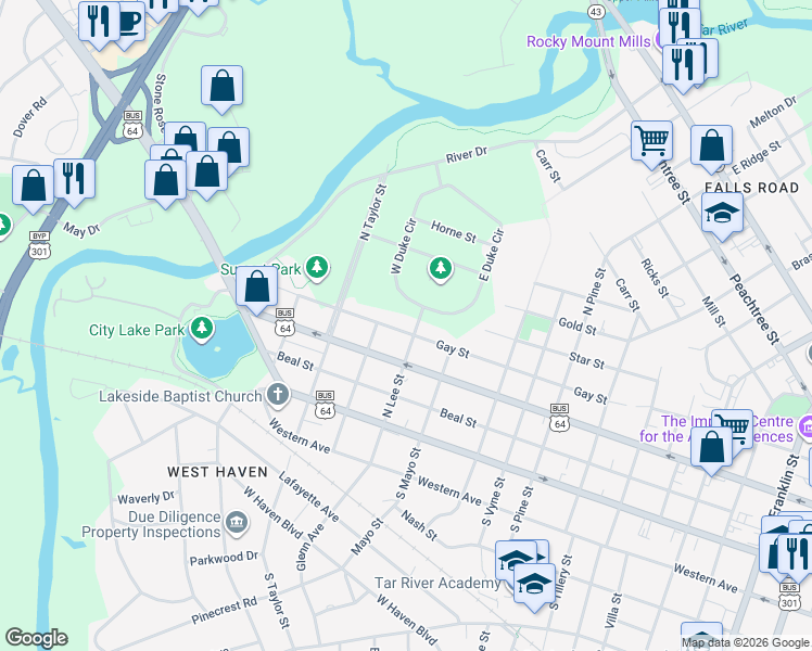map of restaurants, bars, coffee shops, grocery stores, and more near 1304 Gay Street in Rocky Mount