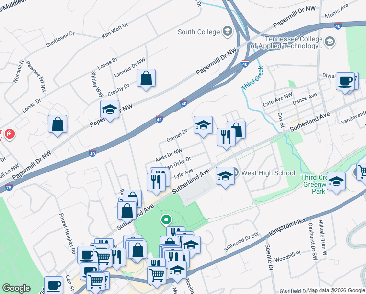 map of restaurants, bars, coffee shops, grocery stores, and more near 4139 Apex Drive Northwest in Knoxville