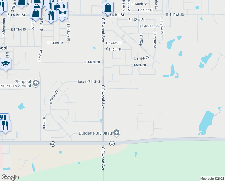 map of restaurants, bars, coffee shops, grocery stores, and more near 1014 East 148th Street in Glenpool