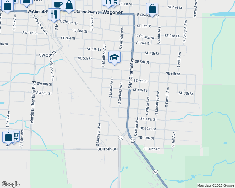 map of restaurants, bars, coffee shops, grocery stores, and more near 908 South Garfield Avenue in Wagoner