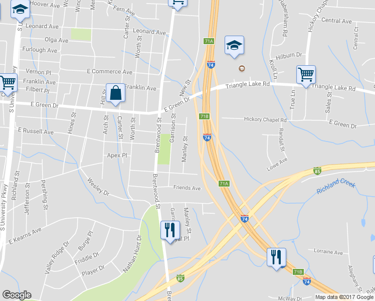 map of restaurants, bars, coffee shops, grocery stores, and more near 603 Manley Street in High Point
