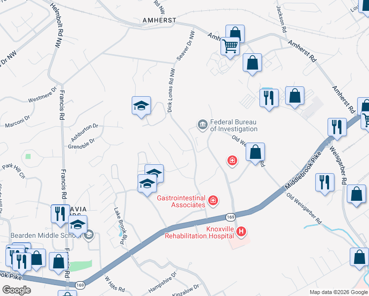 map of restaurants, bars, coffee shops, grocery stores, and more near 6818 Avensong Lane in Knoxville