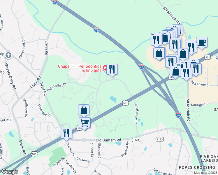 map of restaurants, bars, coffee shops, grocery stores, and more near 700 Eastowne Drive in Chapel Hill