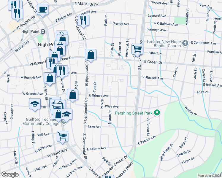 map of restaurants, bars, coffee shops, grocery stores, and more near Sharon Circle in High Point
