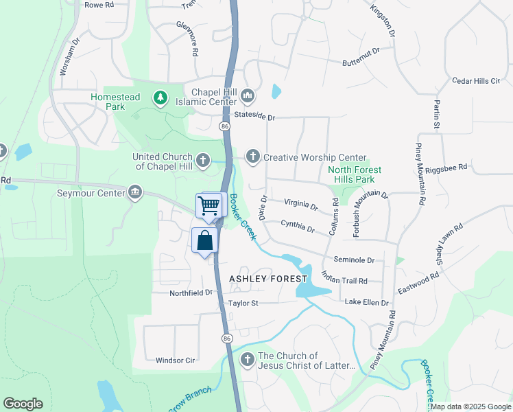 map of restaurants, bars, coffee shops, grocery stores, and more near 120 Dixie Drive in Chapel Hill