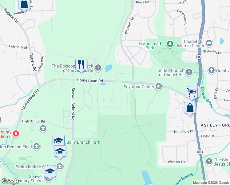 map of restaurants, bars, coffee shops, grocery stores, and more near 129 Greenway Landing in Chapel Hill