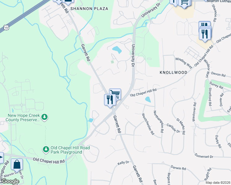 map of restaurants, bars, coffee shops, grocery stores, and more near 5037 Garrett Road in Durham
