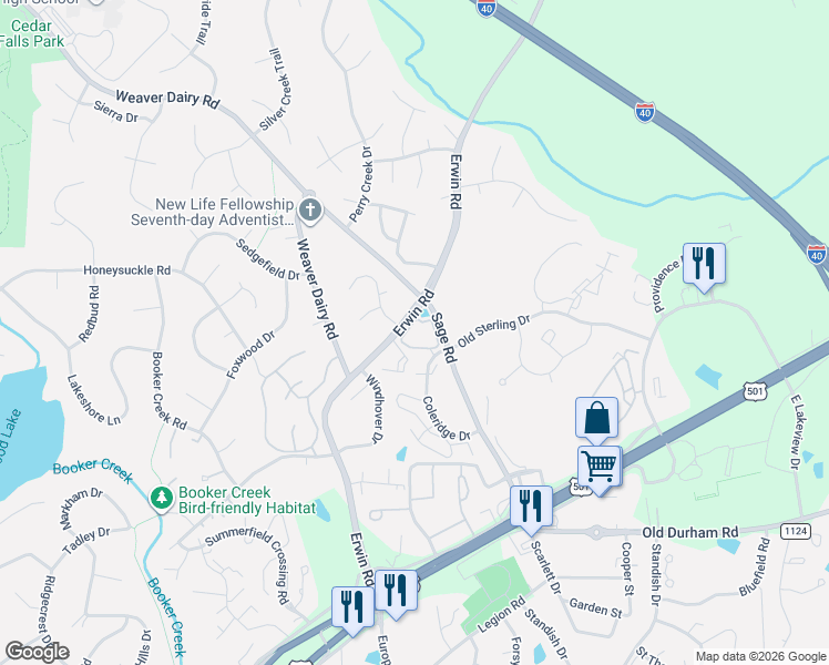 map of restaurants, bars, coffee shops, grocery stores, and more near 508 Presque Isle Lane in Chapel Hill