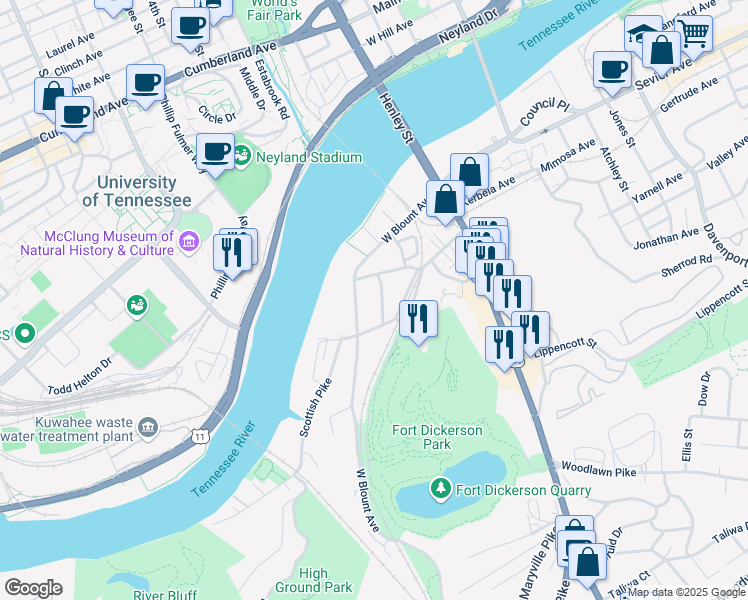 map of restaurants, bars, coffee shops, grocery stores, and more near 511 Cambridge Street in Knoxville