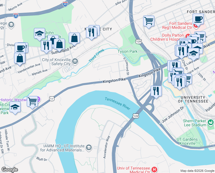 map of restaurants, bars, coffee shops, grocery stores, and more near 2838 Kingston Pike in Knoxville