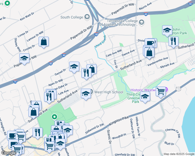 map of restaurants, bars, coffee shops, grocery stores, and more near 3240 Sutherland Avenue in Knoxville