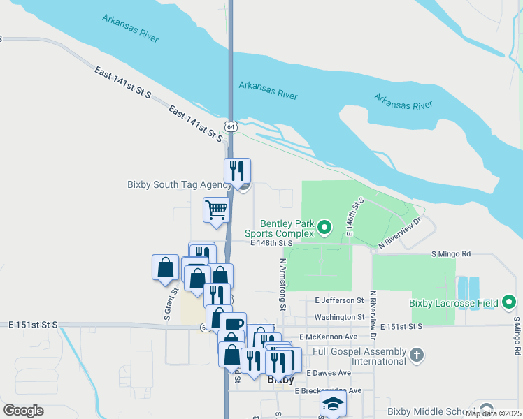 map of restaurants, bars, coffee shops, grocery stores, and more near 14681 South 82nd East Avenue in Bixby