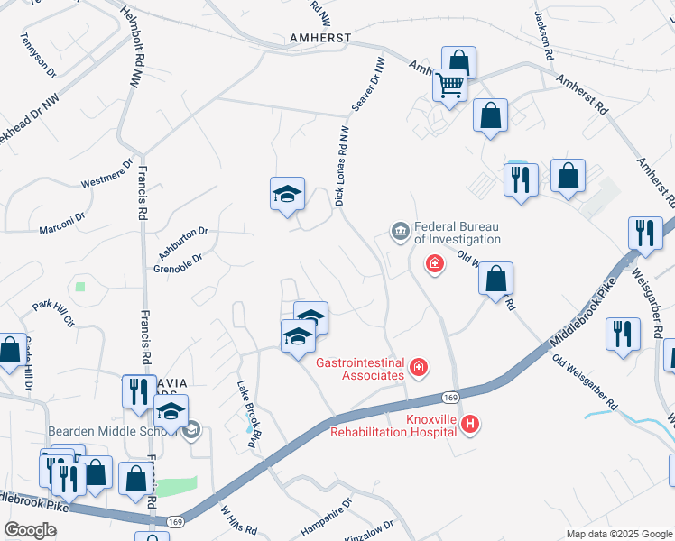 map of restaurants, bars, coffee shops, grocery stores, and more near 1450 Remington Grove Lane in Knoxville