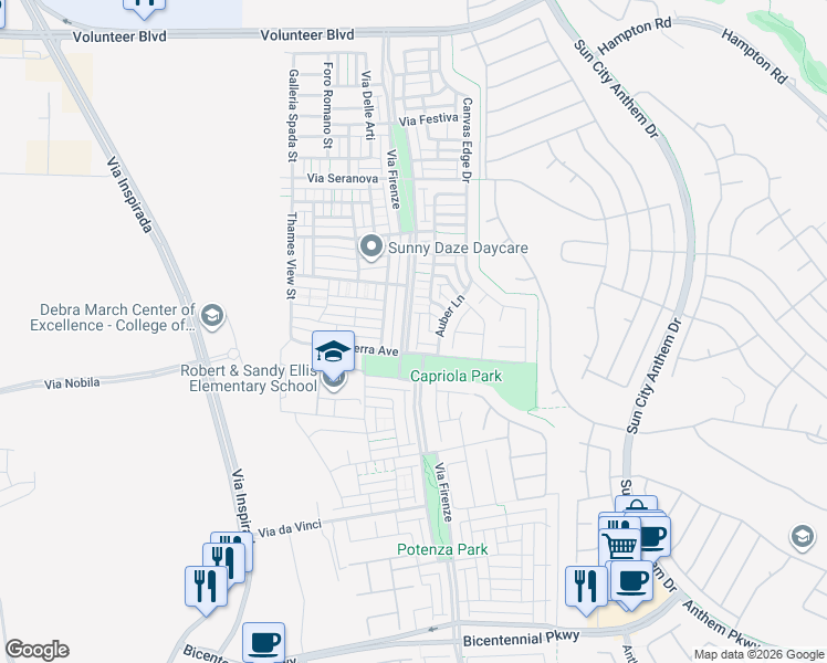 map of restaurants, bars, coffee shops, grocery stores, and more near 2124 Via Firenze in Henderson