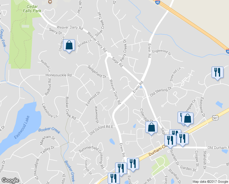 map of restaurants, bars, coffee shops, grocery stores, and more near 75a Weaver Dairy Road in Chapel Hill