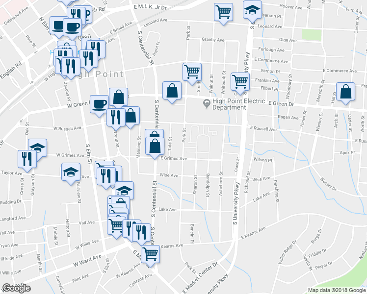 map of restaurants, bars, coffee shops, grocery stores, and more near 667 Park Street in High Point