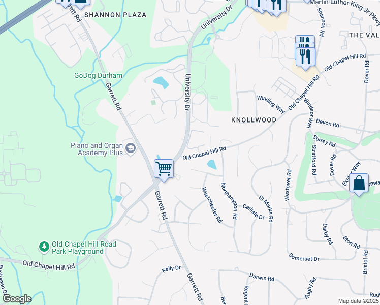 map of restaurants, bars, coffee shops, grocery stores, and more near 18 Innisfree Drive in Durham