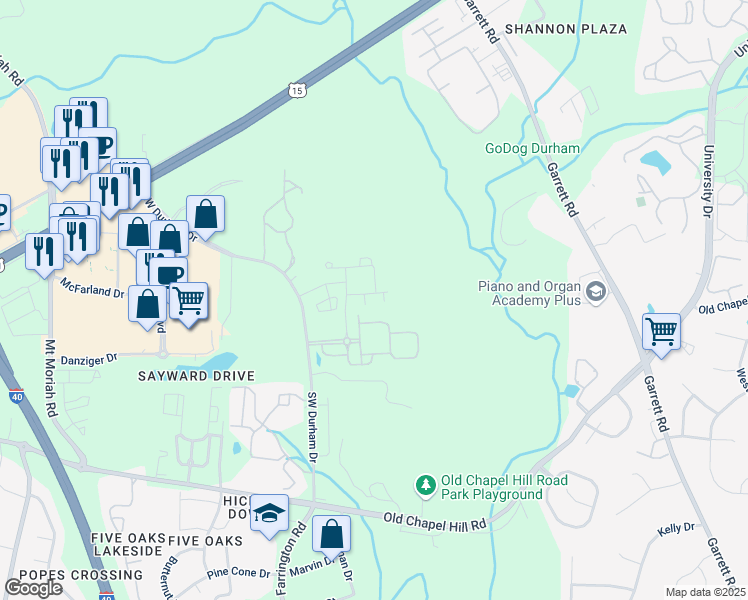 map of restaurants, bars, coffee shops, grocery stores, and more near 1085 Stillwell Drive in Durham