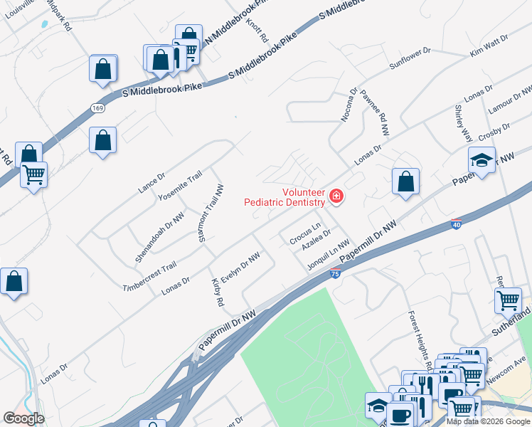map of restaurants, bars, coffee shops, grocery stores, and more near 1601 Stone Hedge Drive in Knoxville