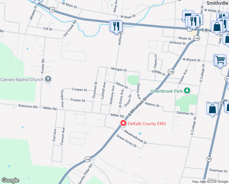 map of restaurants, bars, coffee shops, grocery stores, and more near 834 Anthony Avenue in Smithville