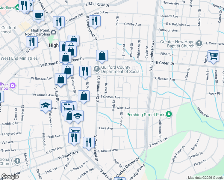 map of restaurants, bars, coffee shops, grocery stores, and more near 624 Park St in High Point