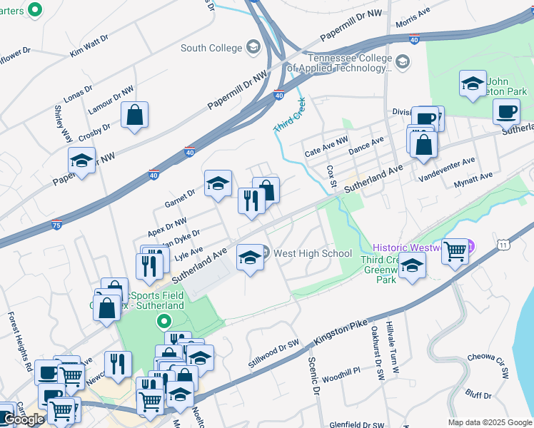 map of restaurants, bars, coffee shops, grocery stores, and more near 3275 Sutherland Avenue in Knoxville