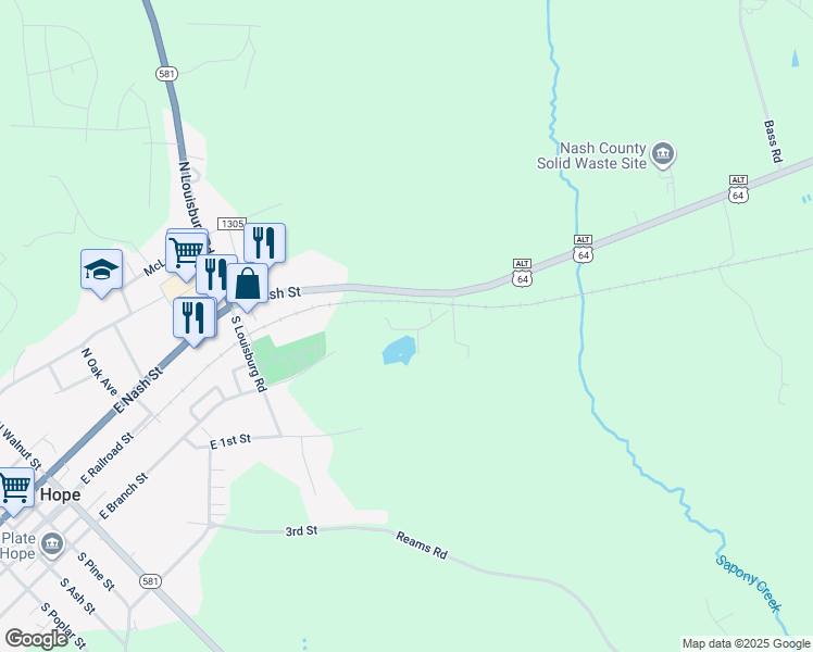 map of restaurants, bars, coffee shops, grocery stores, and more near 820 East Nash Street in Spring Hope