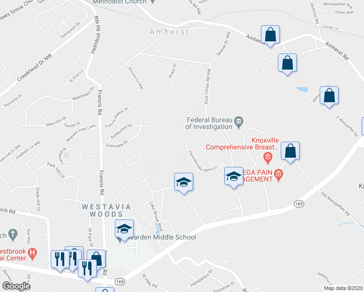 map of restaurants, bars, coffee shops, grocery stores, and more near 7048 Pemmbrooke Shire Lane in Knoxville