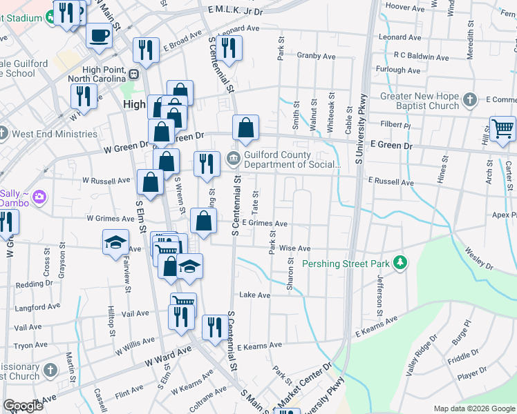 map of restaurants, bars, coffee shops, grocery stores, and more near 624 Park Street in High Point