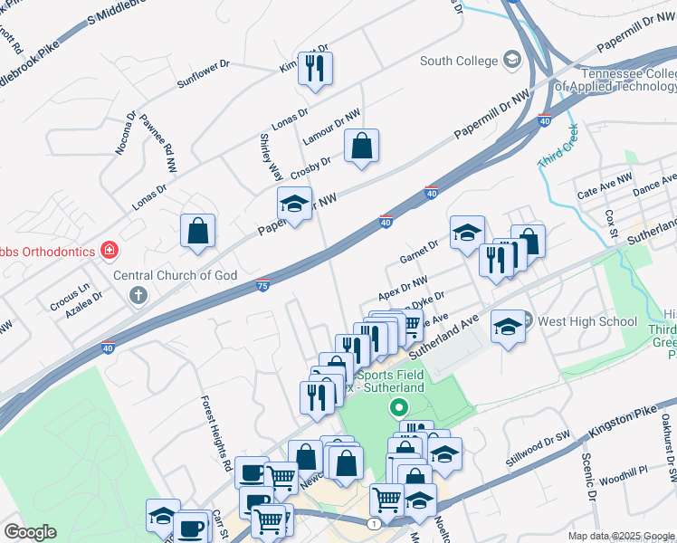 map of restaurants, bars, coffee shops, grocery stores, and more near 912 Hollywood Road in Knoxville