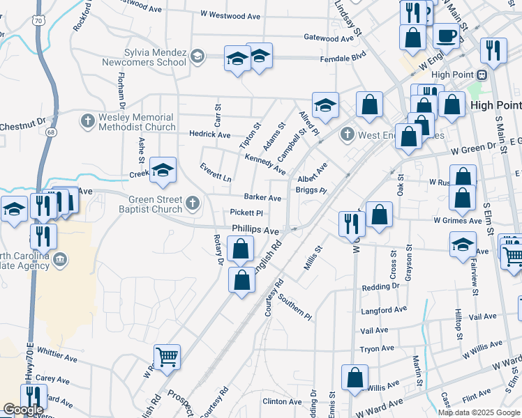 map of restaurants, bars, coffee shops, grocery stores, and more near 312 Pickett Place in High Point