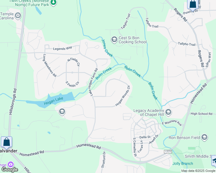 map of restaurants, bars, coffee shops, grocery stores, and more near 409 Hogan Woods Circle in Chapel Hill