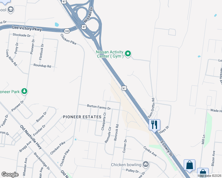 map of restaurants, bars, coffee shops, grocery stores, and more near 1176 Rimrock Road in Murfreesboro