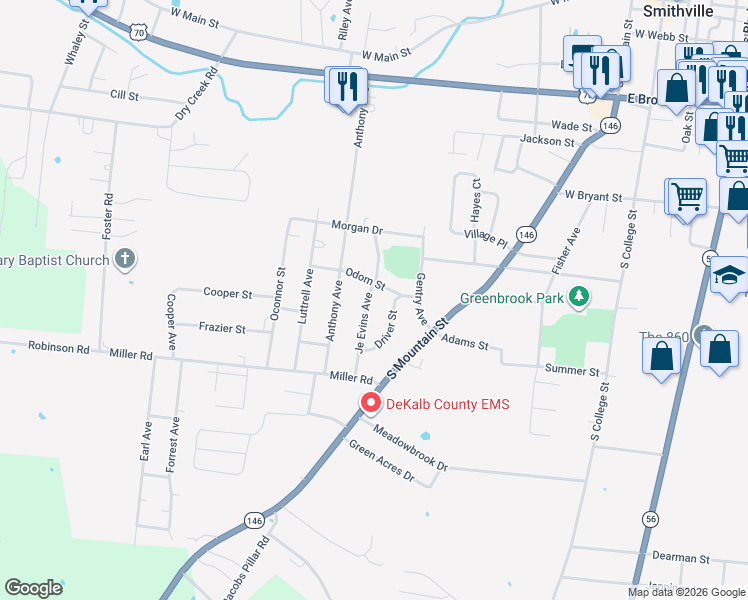 map of restaurants, bars, coffee shops, grocery stores, and more near 830 Je Evins Avenue in Smithville