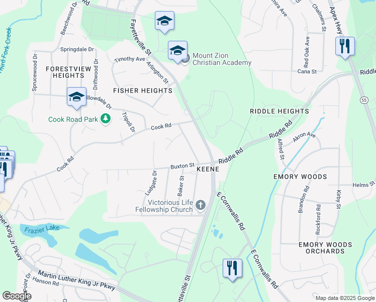 map of restaurants, bars, coffee shops, grocery stores, and more near 3904 Booker Avenue in Durham
