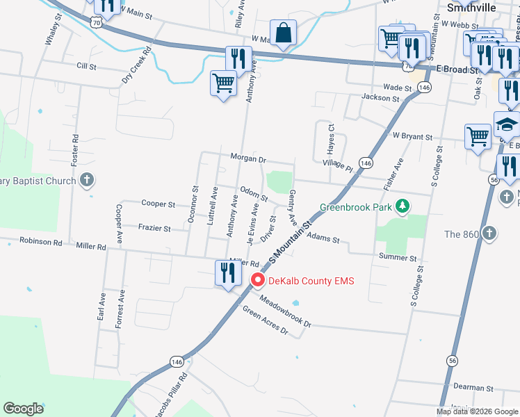 map of restaurants, bars, coffee shops, grocery stores, and more near 830 Je Evins Avenue in Smithville