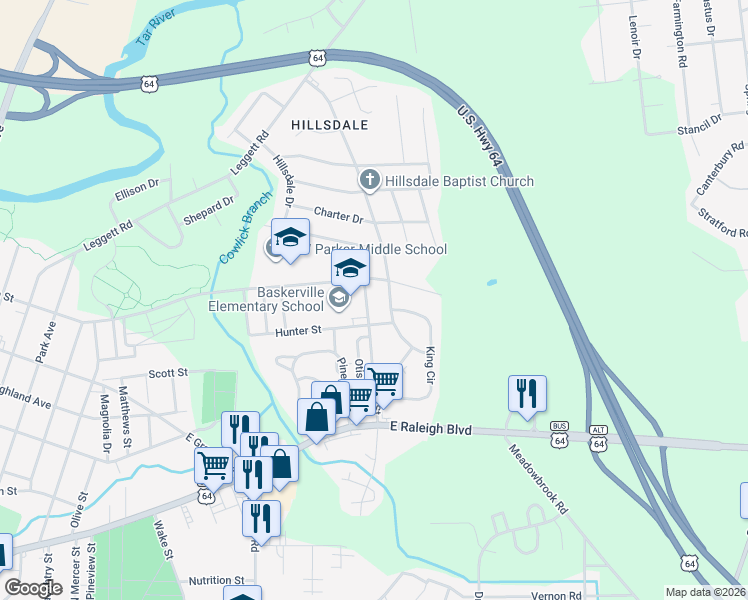map of restaurants, bars, coffee shops, grocery stores, and more near 1113 Stokes Street in Rocky Mount