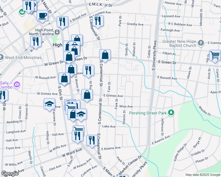 map of restaurants, bars, coffee shops, grocery stores, and more near 423 Tate Street in High Point