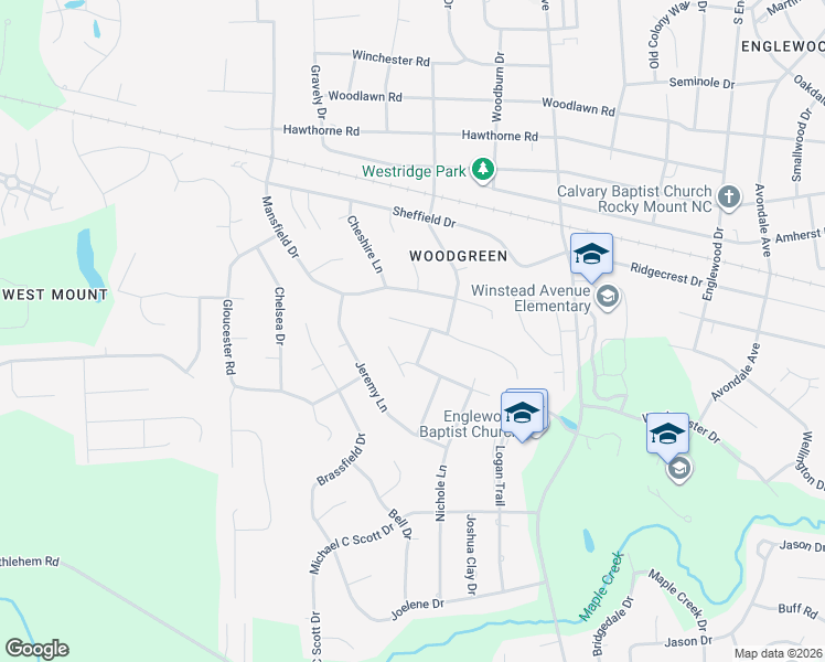 map of restaurants, bars, coffee shops, grocery stores, and more near 105 Edinborough Court in Rocky Mount