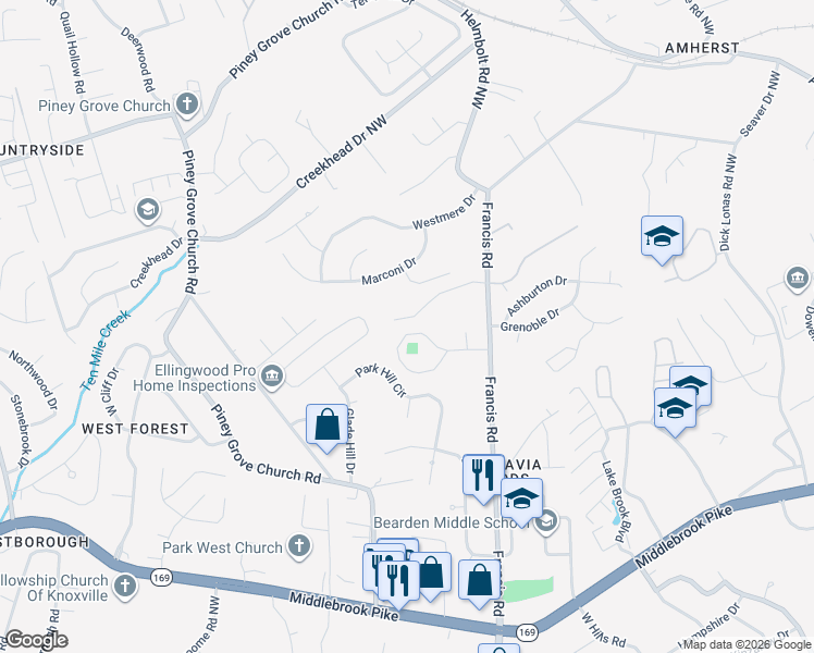 map of restaurants, bars, coffee shops, grocery stores, and more near 5956 Bearden View Lane in Knoxville
