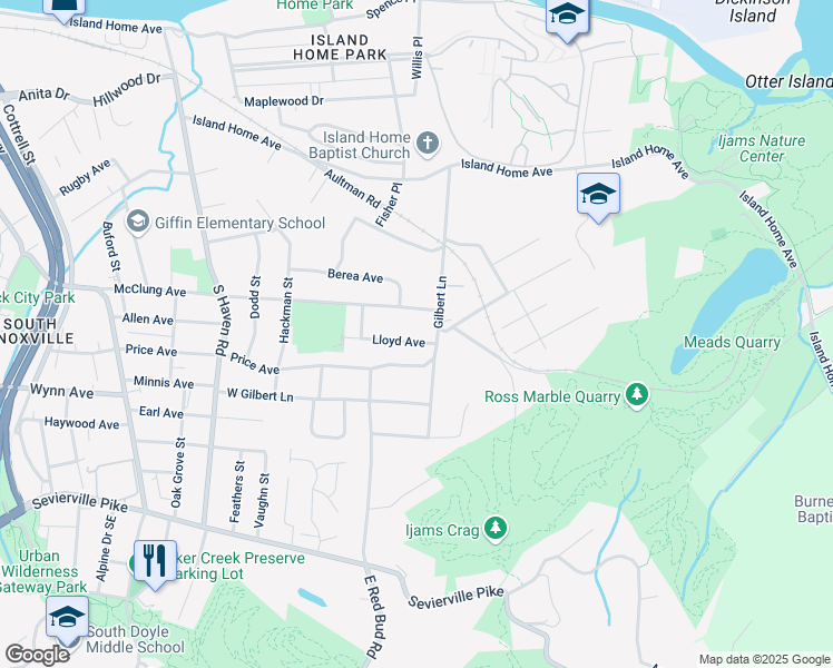 map of restaurants, bars, coffee shops, grocery stores, and more near 2315 Lloyd Ave in Knoxville