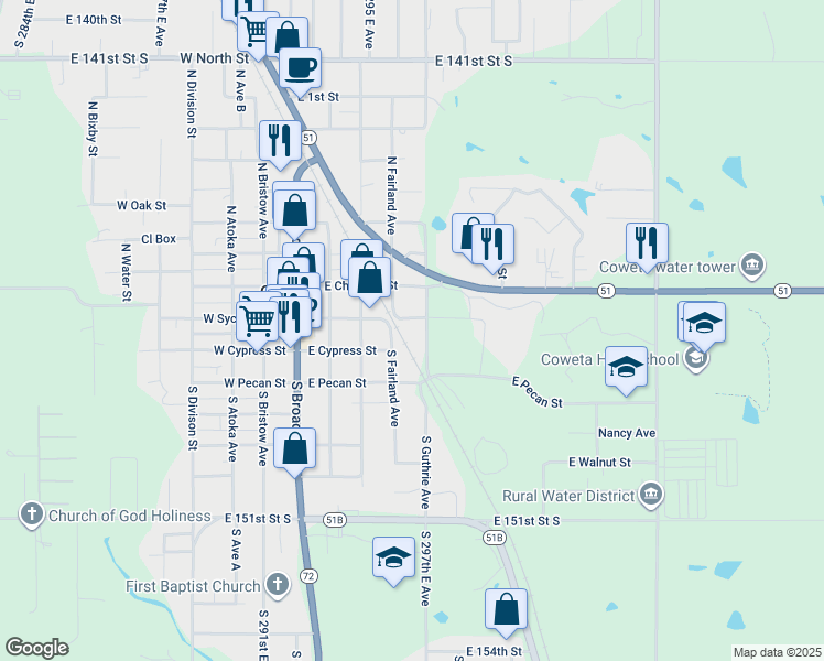 map of restaurants, bars, coffee shops, grocery stores, and more near 304 East Chestnut Street in Coweta