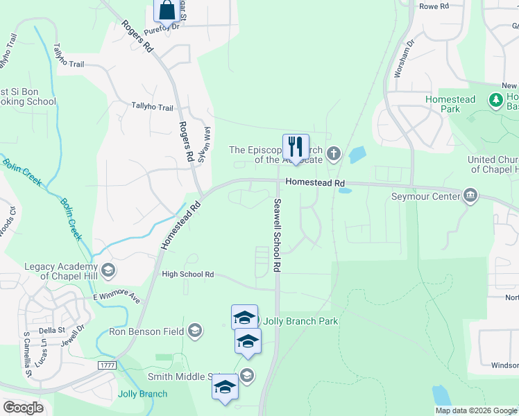 map of restaurants, bars, coffee shops, grocery stores, and more near 424 Lena Circle in Chapel Hill