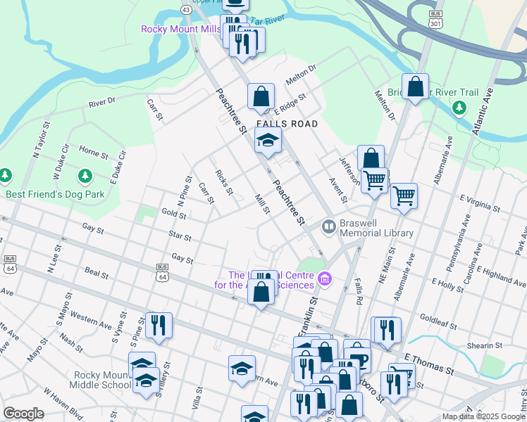 map of restaurants, bars, coffee shops, grocery stores, and more near 608 Mill Street in Rocky Mount