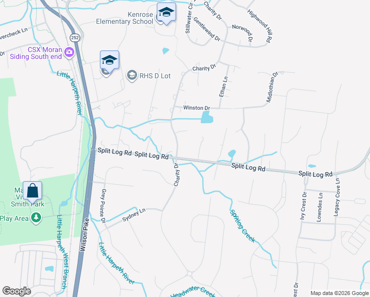 map of restaurants, bars, coffee shops, grocery stores, and more near 9050 Split Log Road in Brentwood
