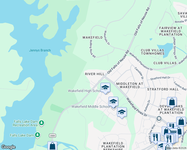 map of restaurants, bars, coffee shops, grocery stores, and more near 2017 River Hill Drive in Wake Forest