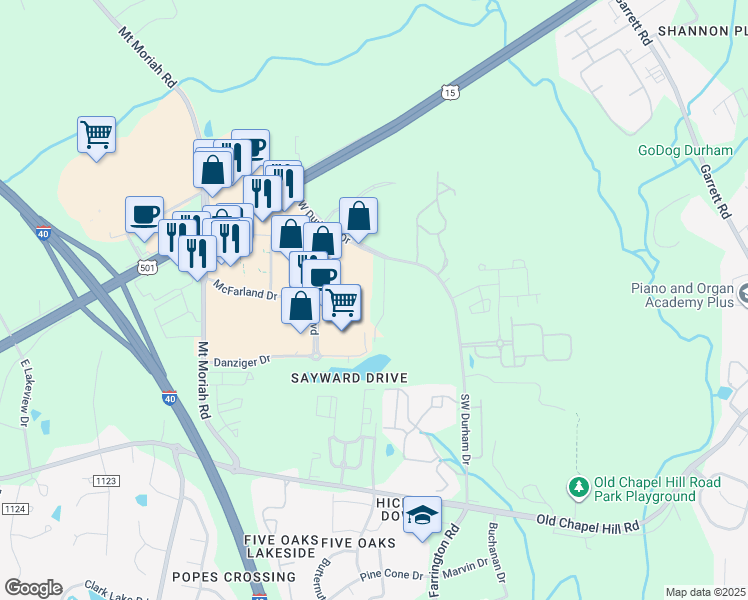 map of restaurants, bars, coffee shops, grocery stores, and more near 3520 Sayward Drive in Durham